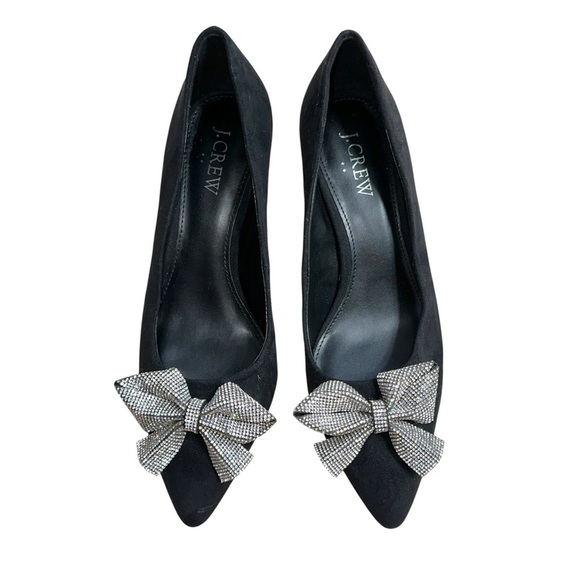 J. Crew Black Suede Este Kitten Heels with a Rhinestone Bow Womens 6.5 - Picture 2 of 8